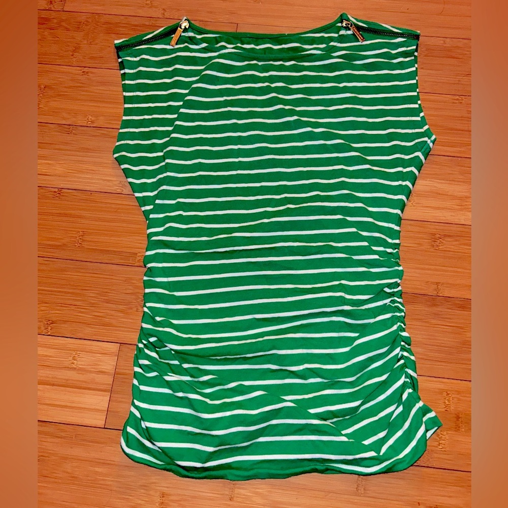 Michael Kors Women’s Size S Small T-Shirt with Green White Stripes Gold Zippers